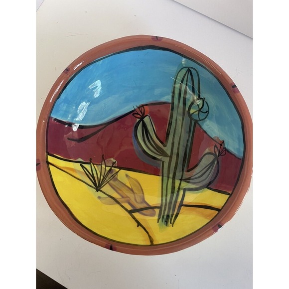 Vintage Bowl Cactus Desert SIGNED KJ Hand Painted Stoneware Arizona - Picture 1 of 4